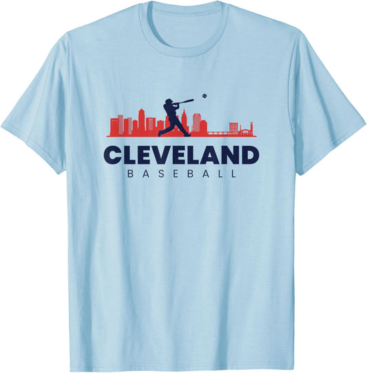 Cleveland Baseball Minimalist City Skyline Baseball Lover T-Shirt - T-Shirt | Light Blue