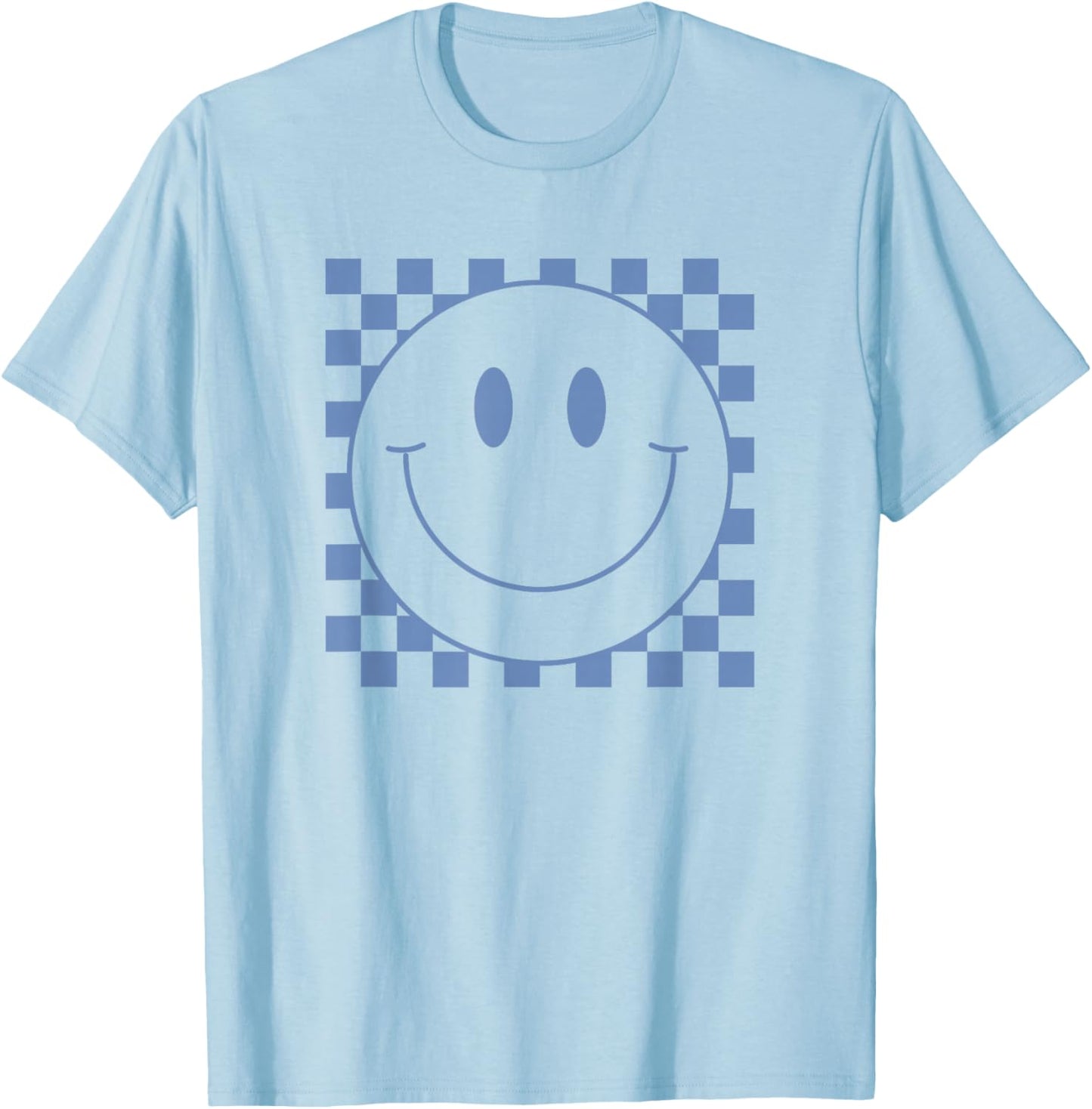 Cute Blue Checkered Smile Face Peace Smiling Happy Face Boy T-Shirt - T-Shirt | Light Blue