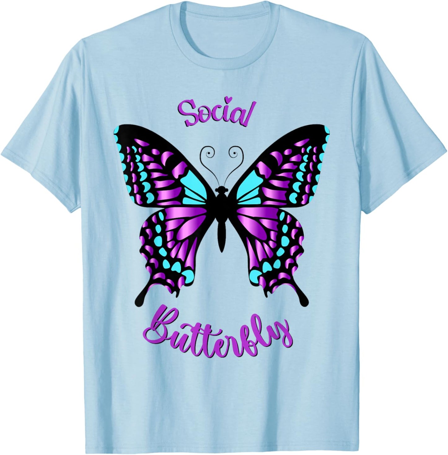 Purple and Blue Social Butterfly T-Shirt - T-Shirt | Light Blue
