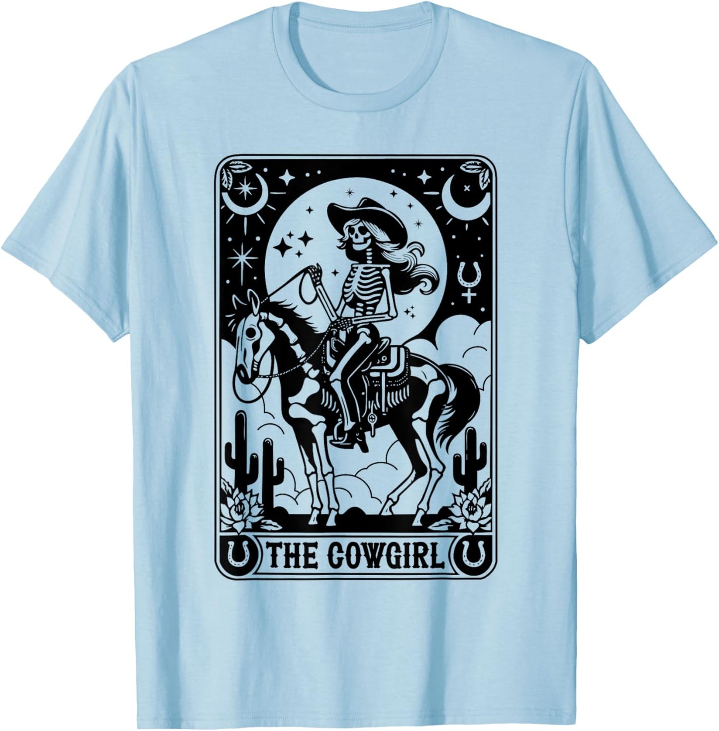 Skeleton Cowgirl Riding Horse Tarot Card Gothic Halloween T-Shirt - T-Shirt | Light Blue