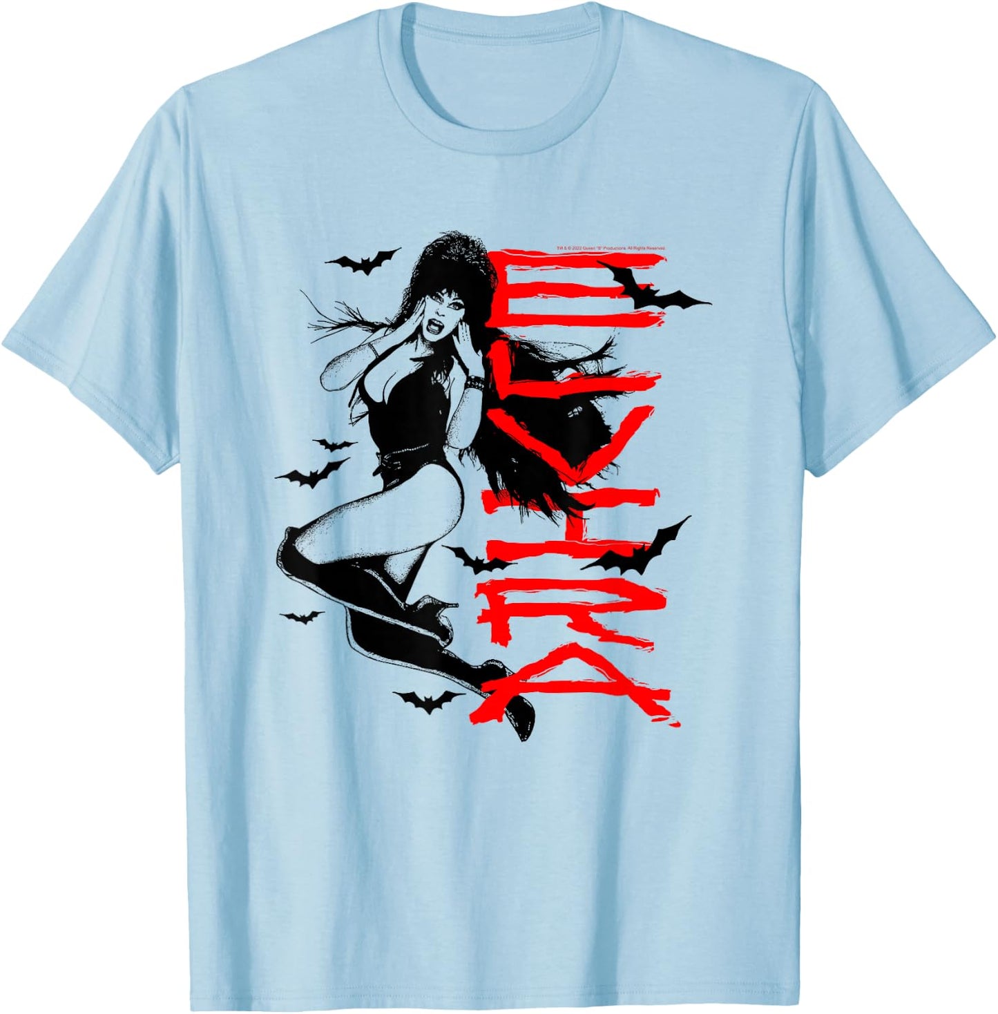 Elvira, Mistress of The Dark Stacked Name with Bats T-Shirt - T-Shirt | Light Blue