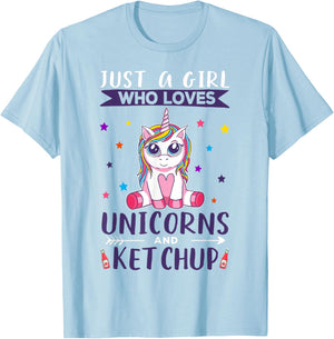 Just A Girl Who Loves Unicorns And Ketchup Unicorn T-Shirt - T-Shirt | Light Blue
