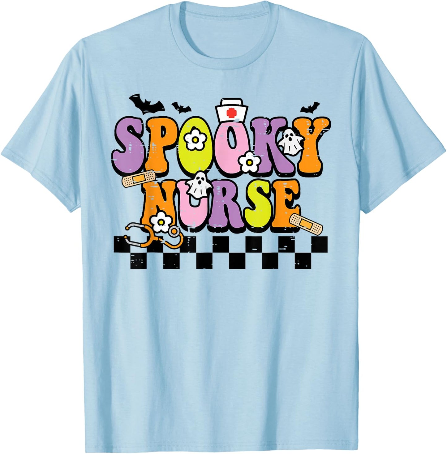Groovy Spooky Nurse Retro Halloween Nurse Fall Scrub Women T-Shirt - T-Shirt | Light Blue
