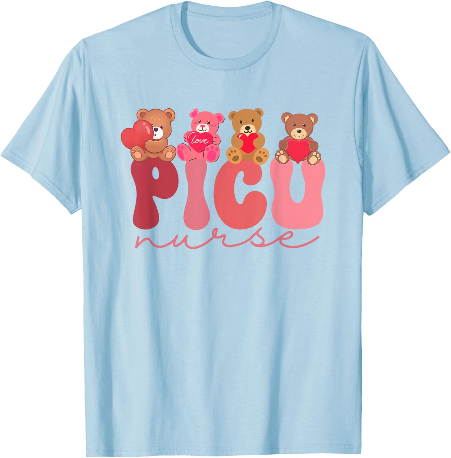 Women Valentine PICU Nurse Pediatrics Cute Bears Ped Rn Lpn T-Shirt - T-Shirt | Light Blue