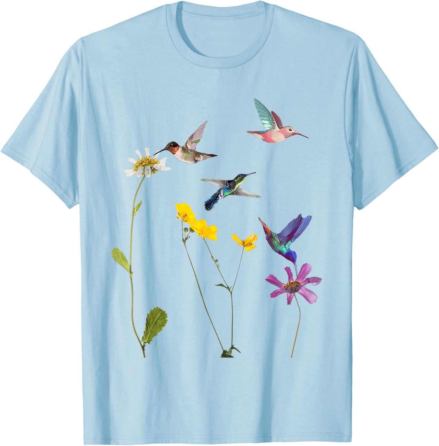 Hummingbird and Flowers T-Shirt - T-Shirt | Light Blue