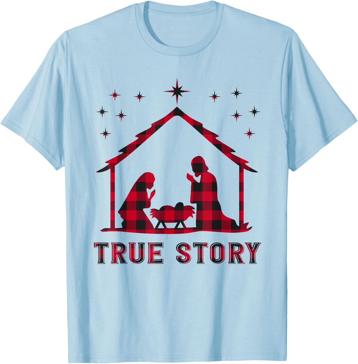 Red Plaid True Story of Jesus Birth Nativity Christmas Gift T-Shirt - T-Shirt | Light Blue