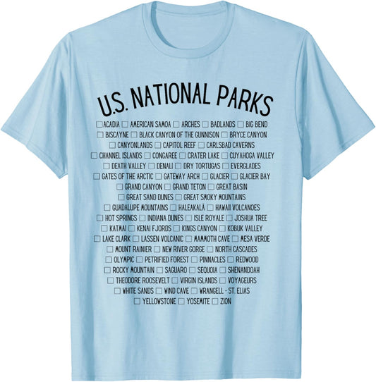 American National Parks Checklist - US National Parks Family T-Shirt - T-Shirt | Light Blue