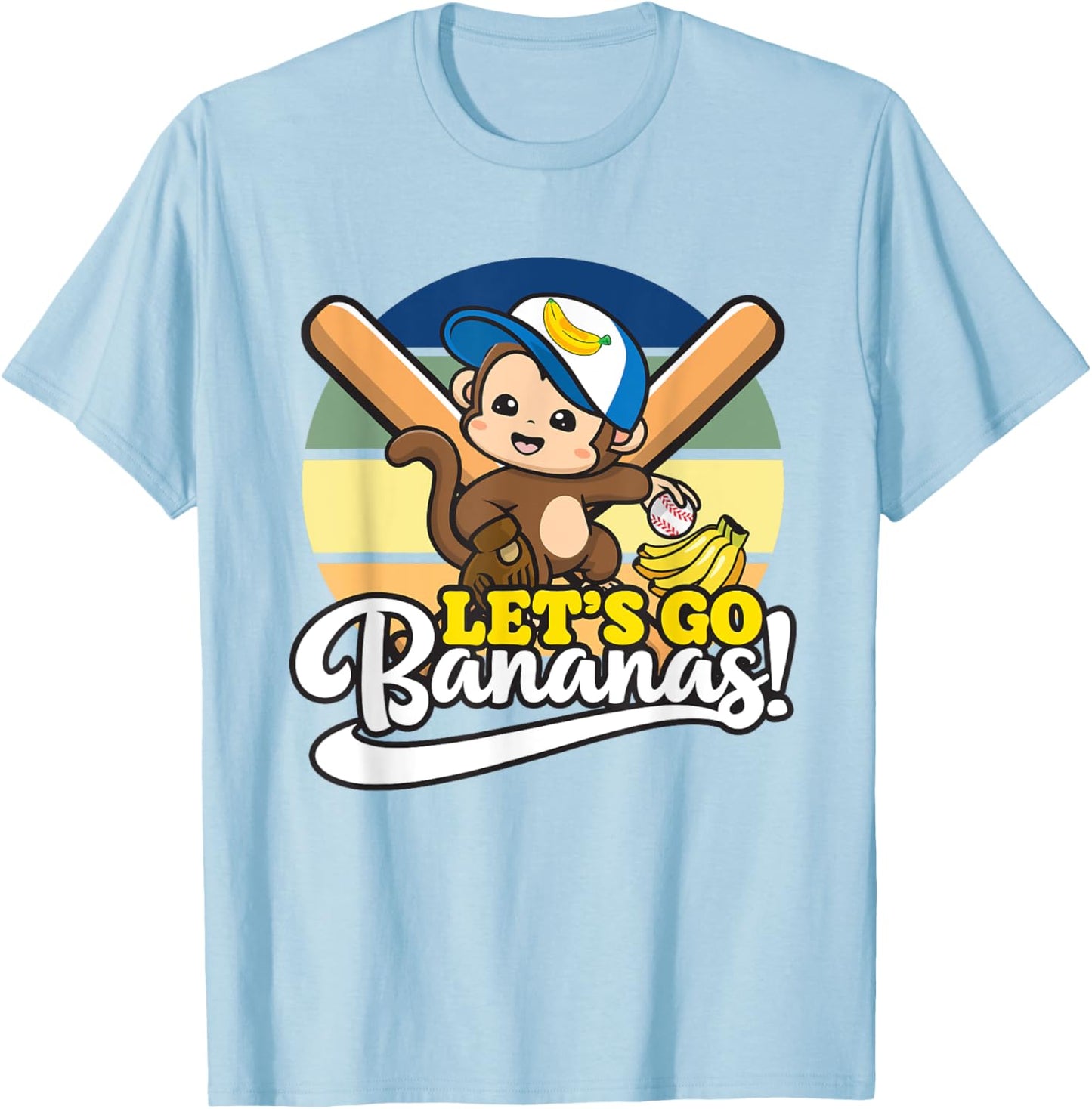 Cute Kawaii Monkey, Funny Let’s Go Bananas Baseball T-Shirt - T-Shirt | Light Blue