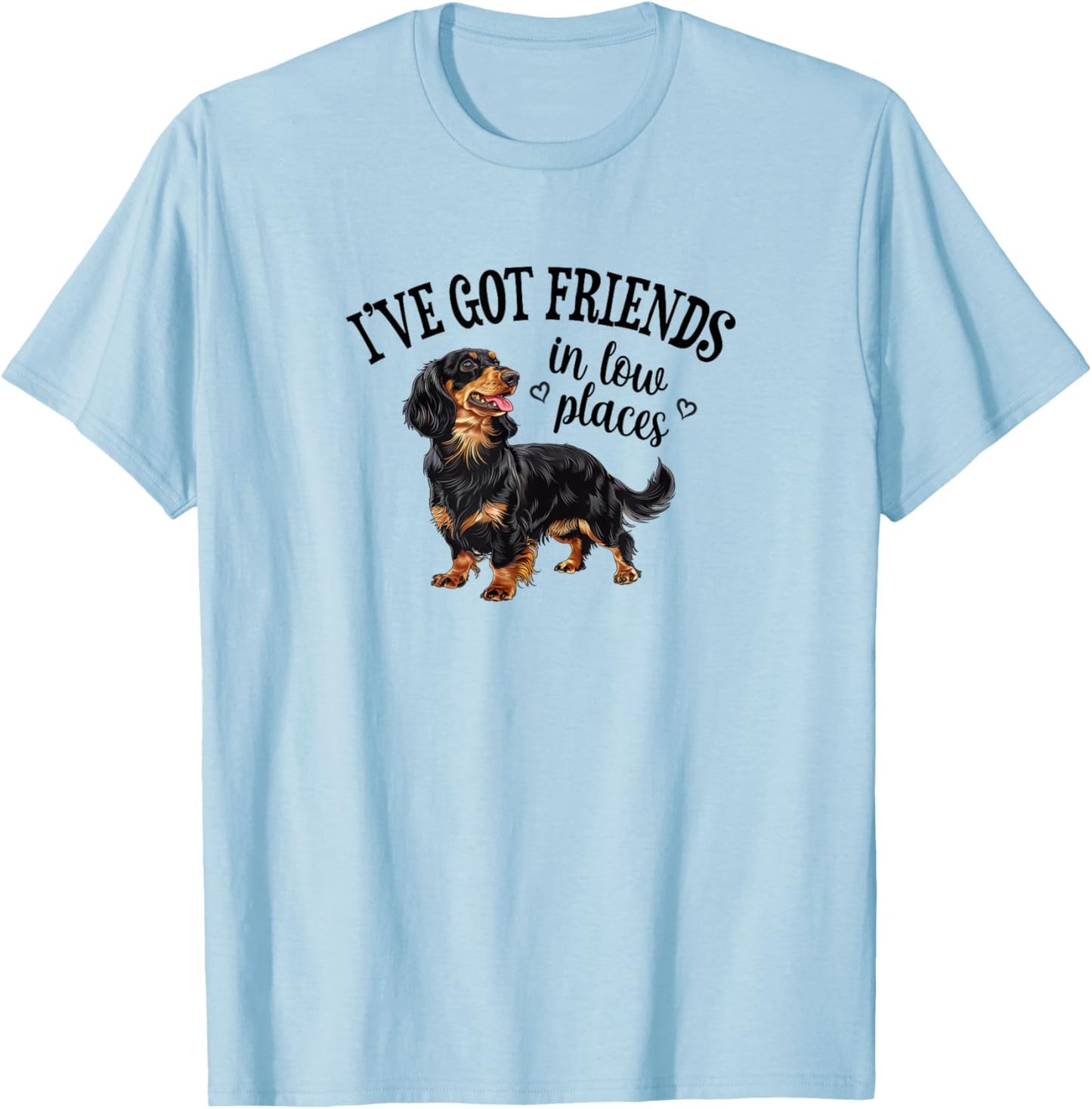 Funny Friends Low Places Black Long Haired Dachshund Lover T-Shirt - T-Shirt | Light Blue