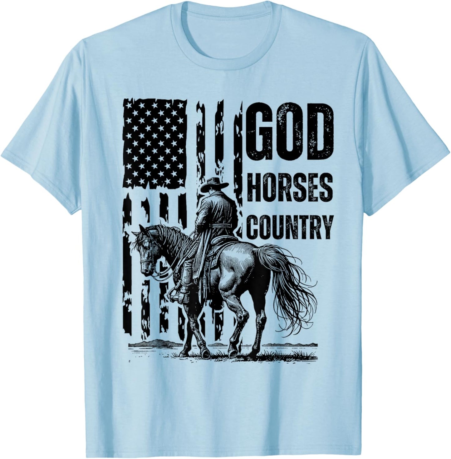 God Horses Country Christian Cowboy & American Patriot - -Adults, Grey, Small, Short Sleeve T-Shirt - T-Shirt | Light Blue