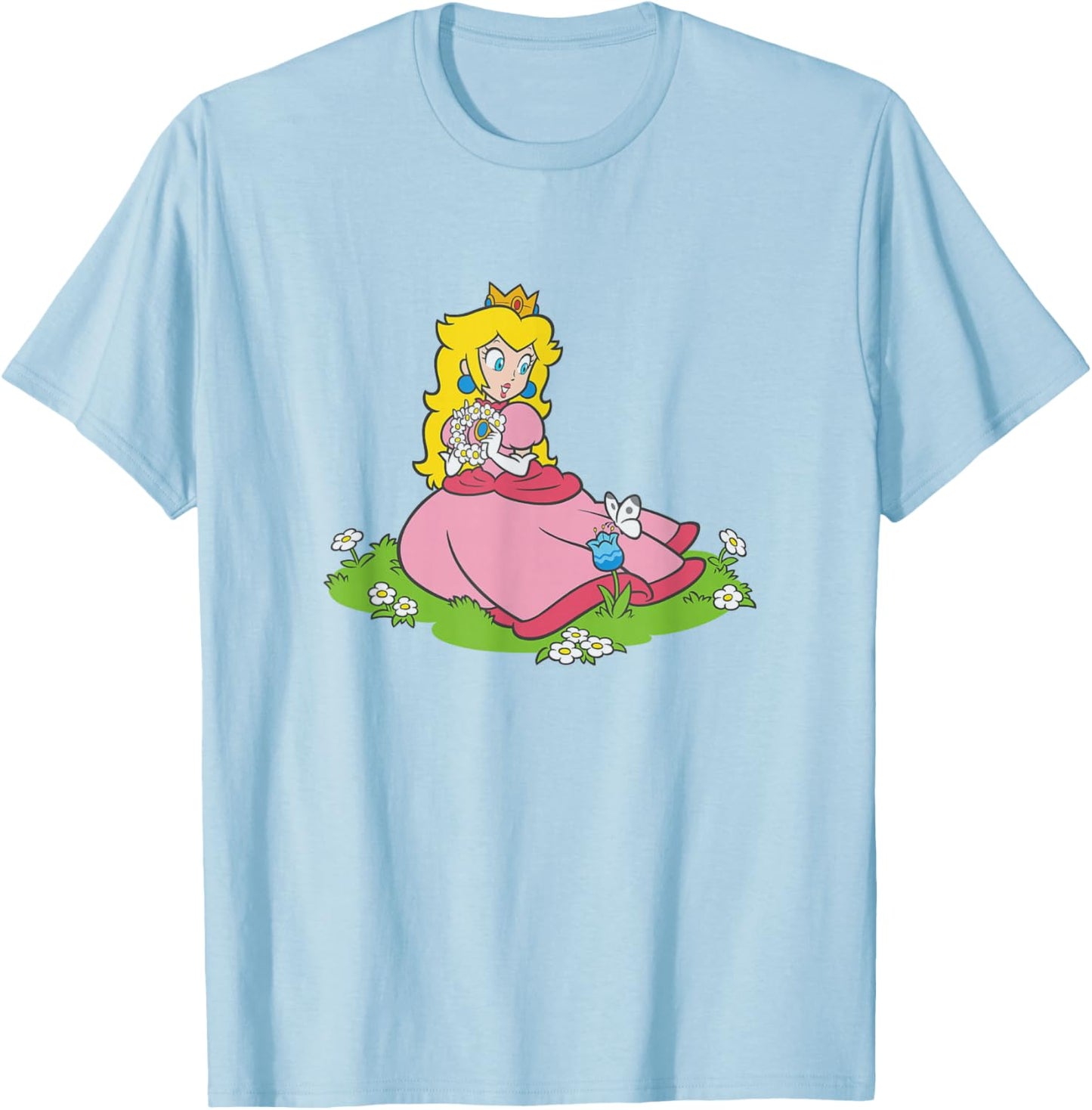 Super Mario Bros Princess Peach Beautiful Flowers Portrait T-Shirt - T-Shirt | Light Blue