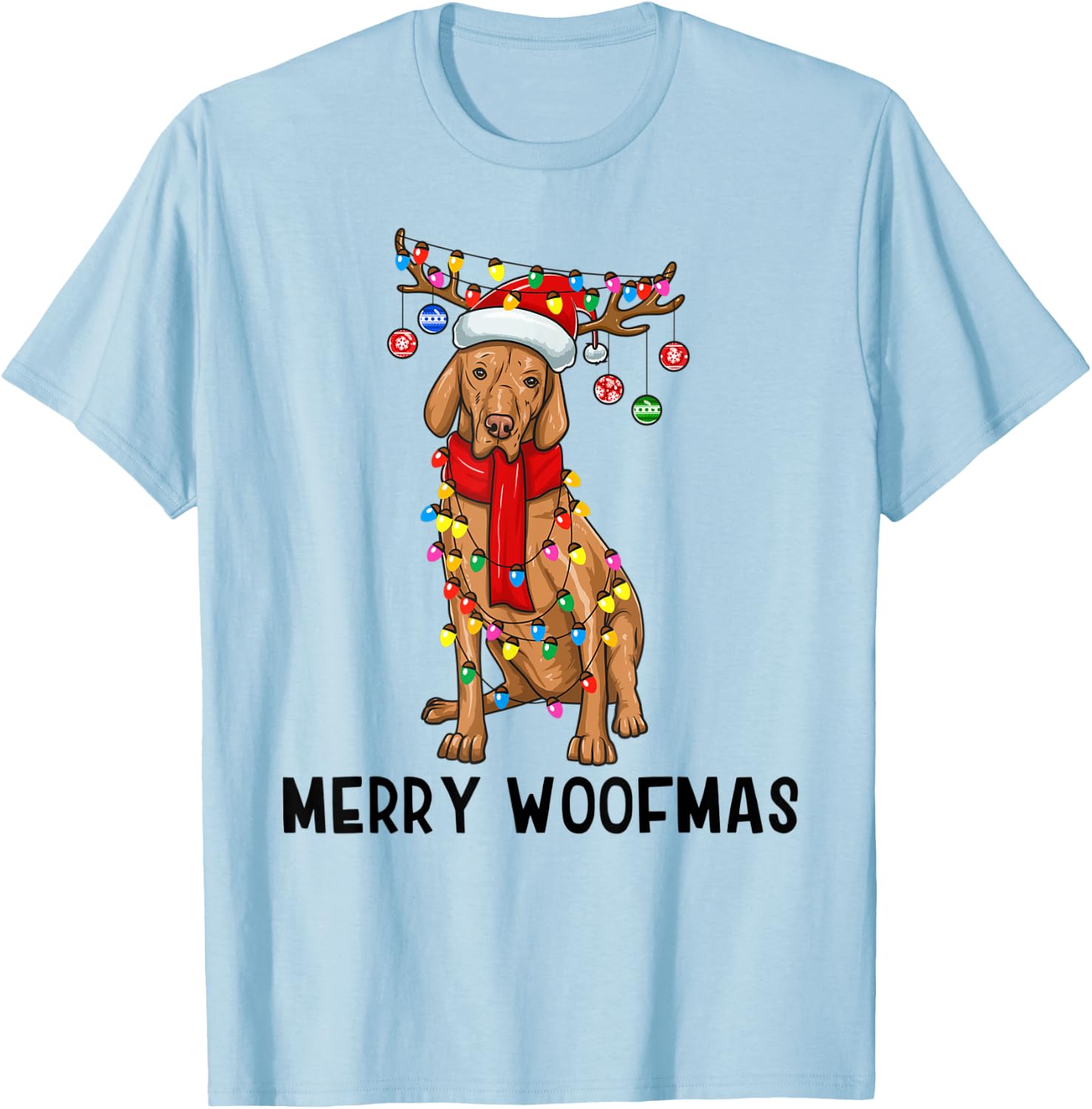 Christmas Vizsla Dog Holiday Lights Merry Woofmas T-Shirt - T-Shirt | Light Blue