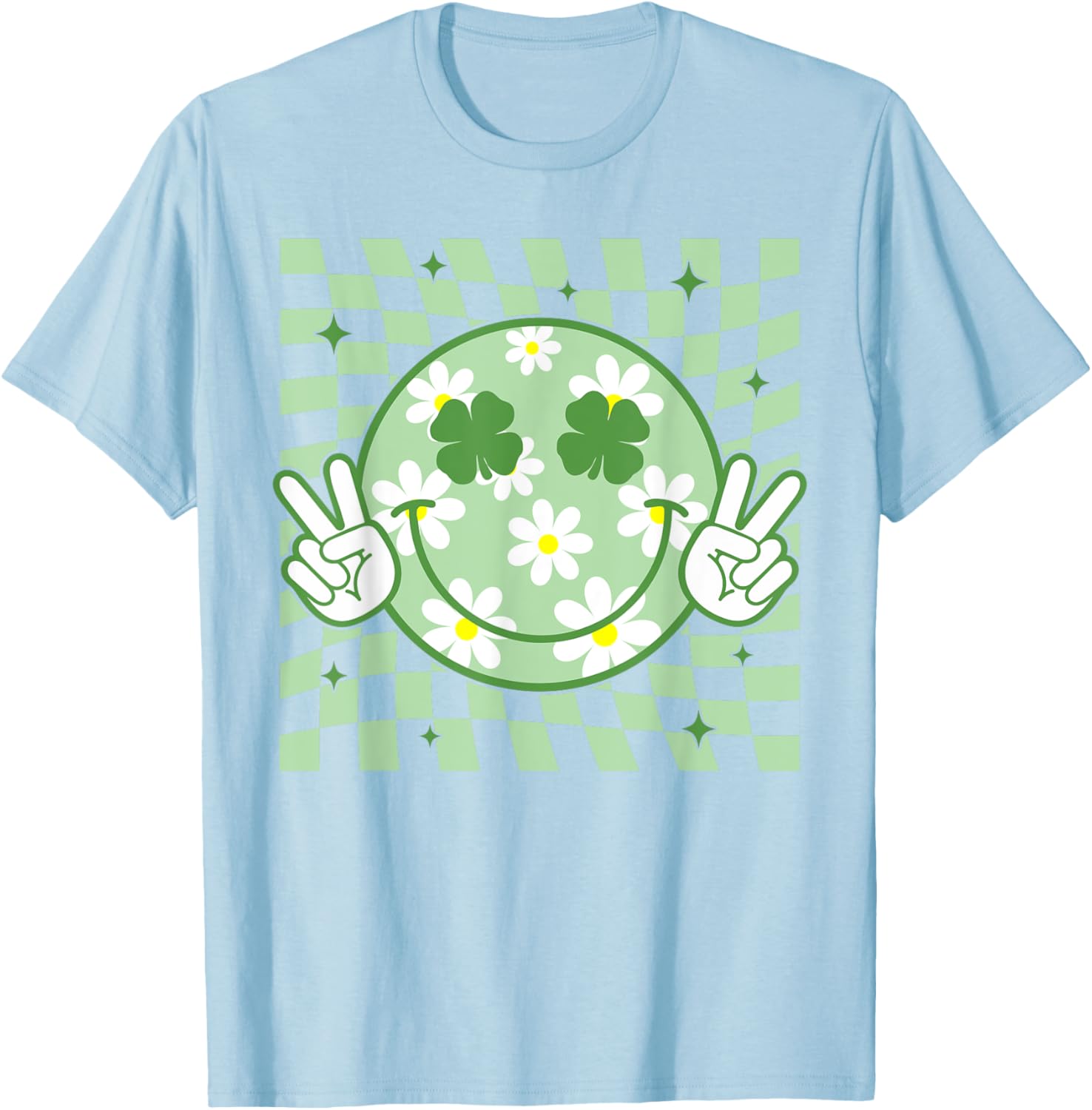 Retro Groovy St Patricks Day Hippie Smile Face Shamrock T-Shirt - T-Shirt | Light Blue