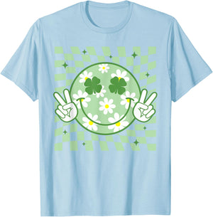 Retro Groovy St Patricks Day Hippie Smile Face Shamrock T-Shirt - T-Shirt | Light Blue