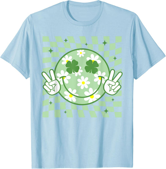 Retro Groovy St Patricks Day Hippie Smile Face Shamrock T-Shirt - T-Shirt | Light Blue