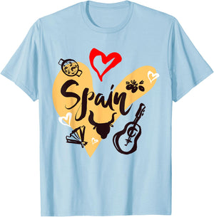 I Love Spain, Cool Spain Doodles Illustration Graphic Design T-Shirt - T-Shirt | Light Blue