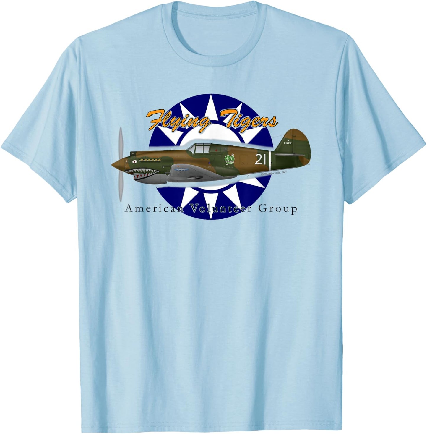 Matthew Webb Flying Tigers P-40 Fighter - Men's Grey Classic Fit Short Sleeve - Small T-Shirt - T-Shirt | Light Blue