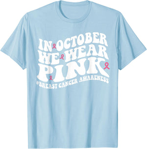 In October We Wear Pink Groovy Breast Cancer Awareness Month T-Shirt - T-Shirt | Light Blue