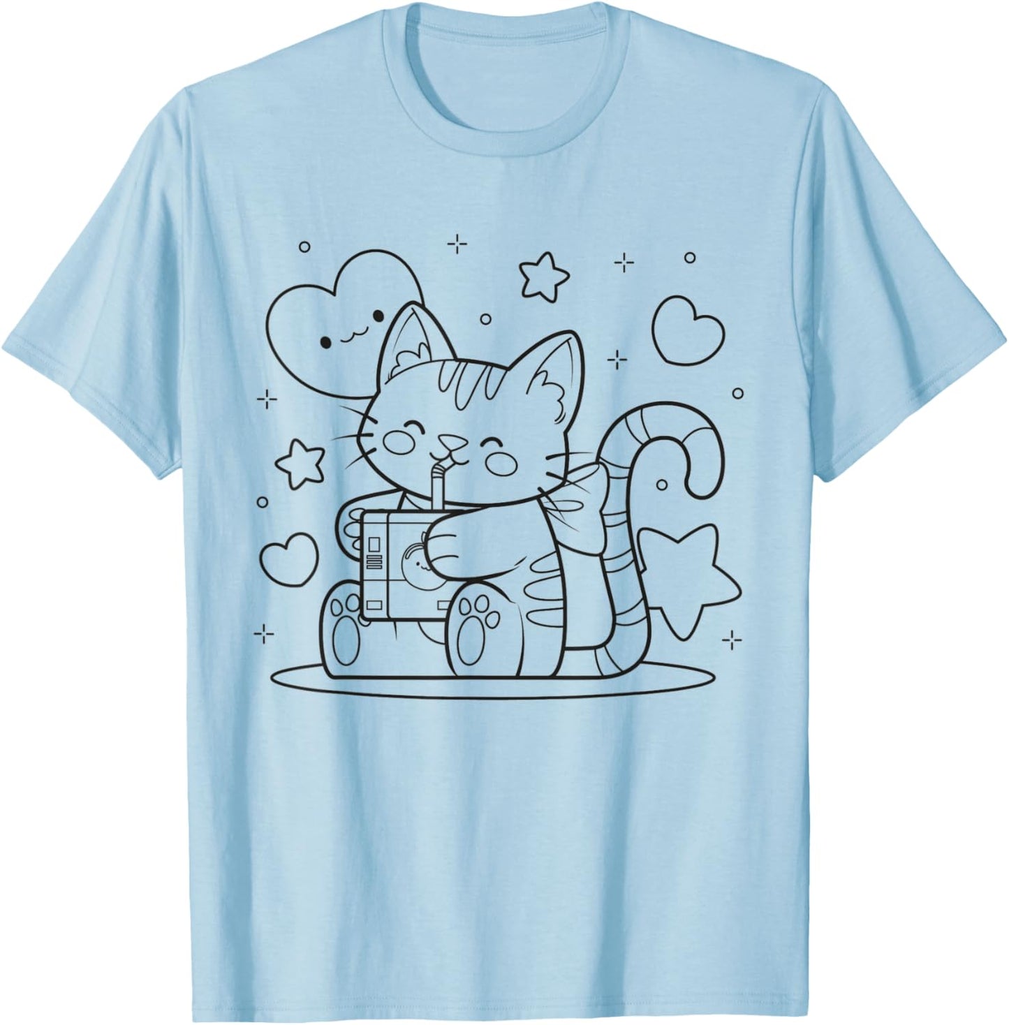 Cat drinking iced tea to paint and color T-Shirt - T-Shirt | Light Blue