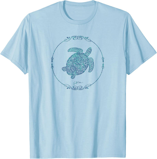 JCombs: Sea Turtle in Vintage Round Frame T-Shirt - T-Shirt | Light Blue