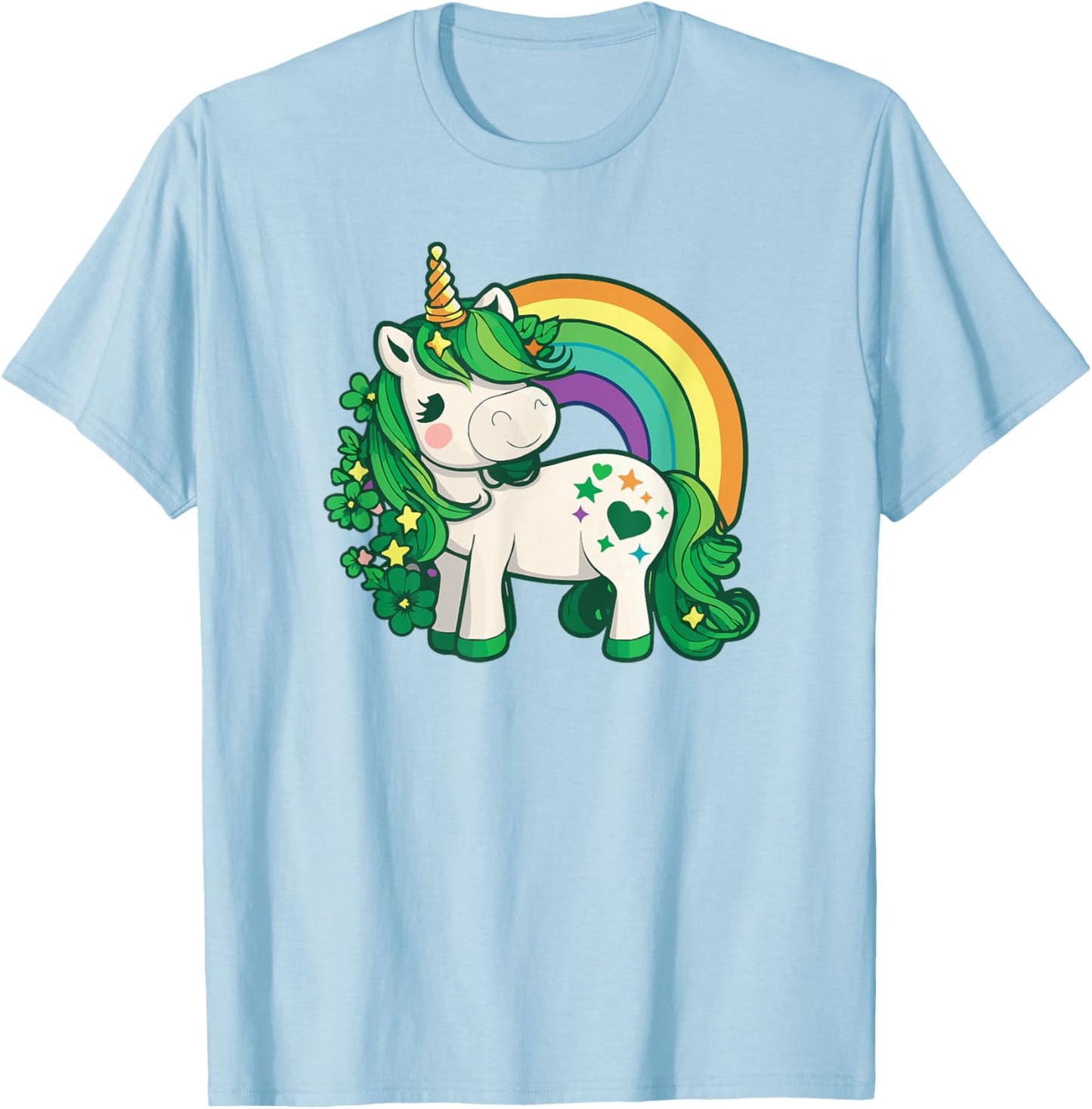 Unicorn St Patricks Day Rainbow / Green Clovers Kawaii Cute T-Shirt - T-Shirt | Light Blue
