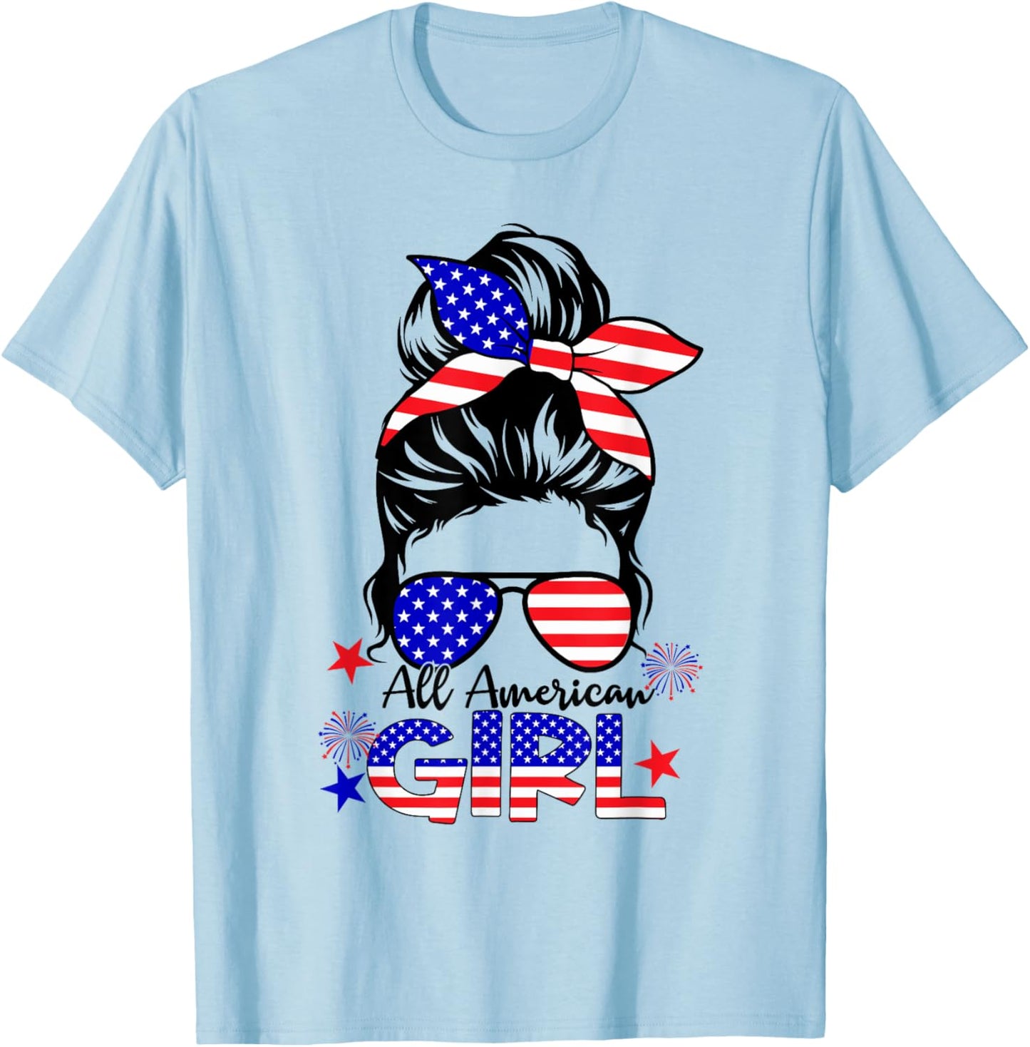 4th of July All American Girls Messy Bun T-Shirt - T-Shirt | Light Blue