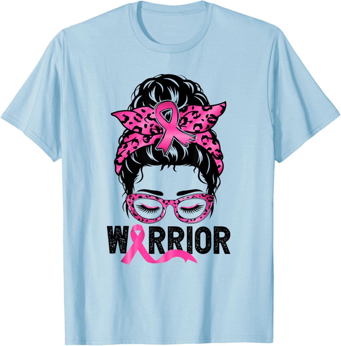 Messy Bun Wear Pink Warrior Breast Cancer Awareness T-Shirt - T-Shirt | Light Blue