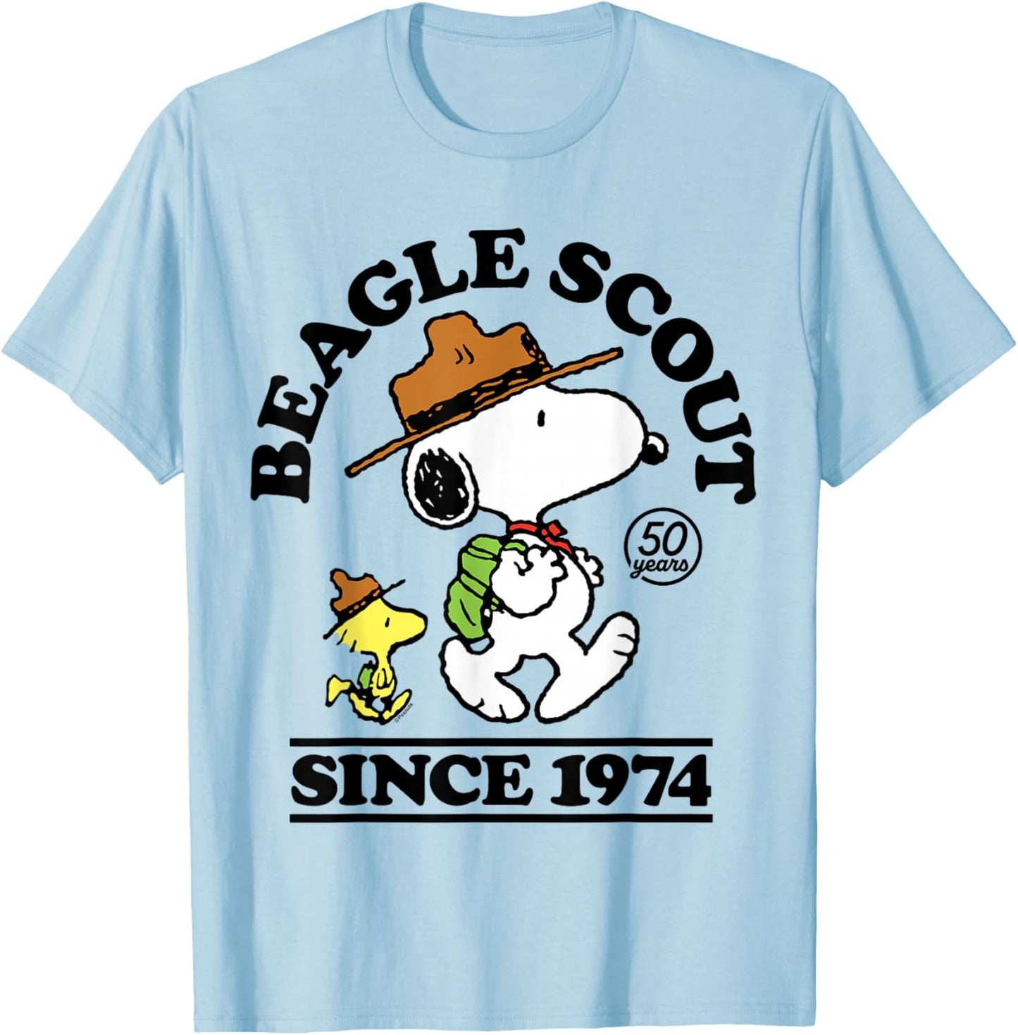 Peanuts - Snoopy Woodstock Beagle Scout 50 Years Since 1974 T-Shirt - T-Shirt | Light Blue