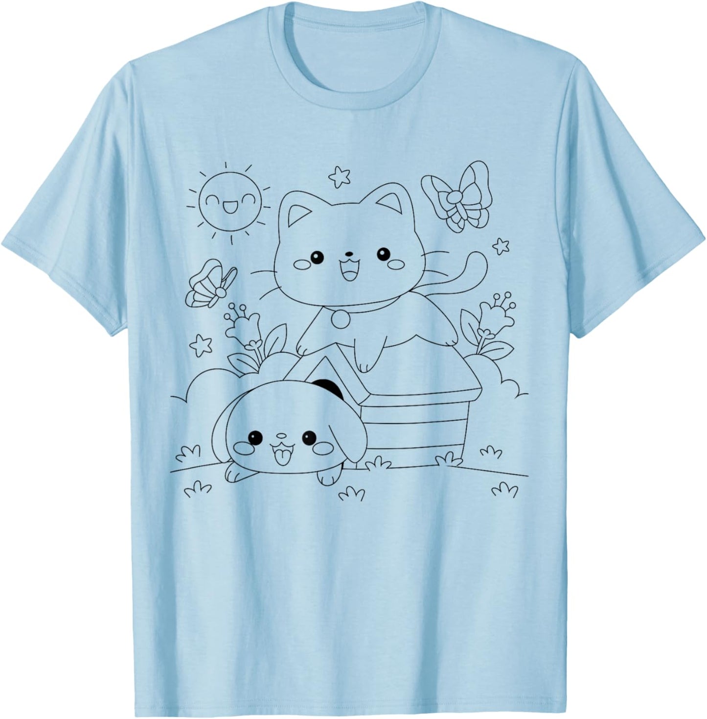 Cat with dog to paint and color T-Shirt - T-Shirt | Light Blue