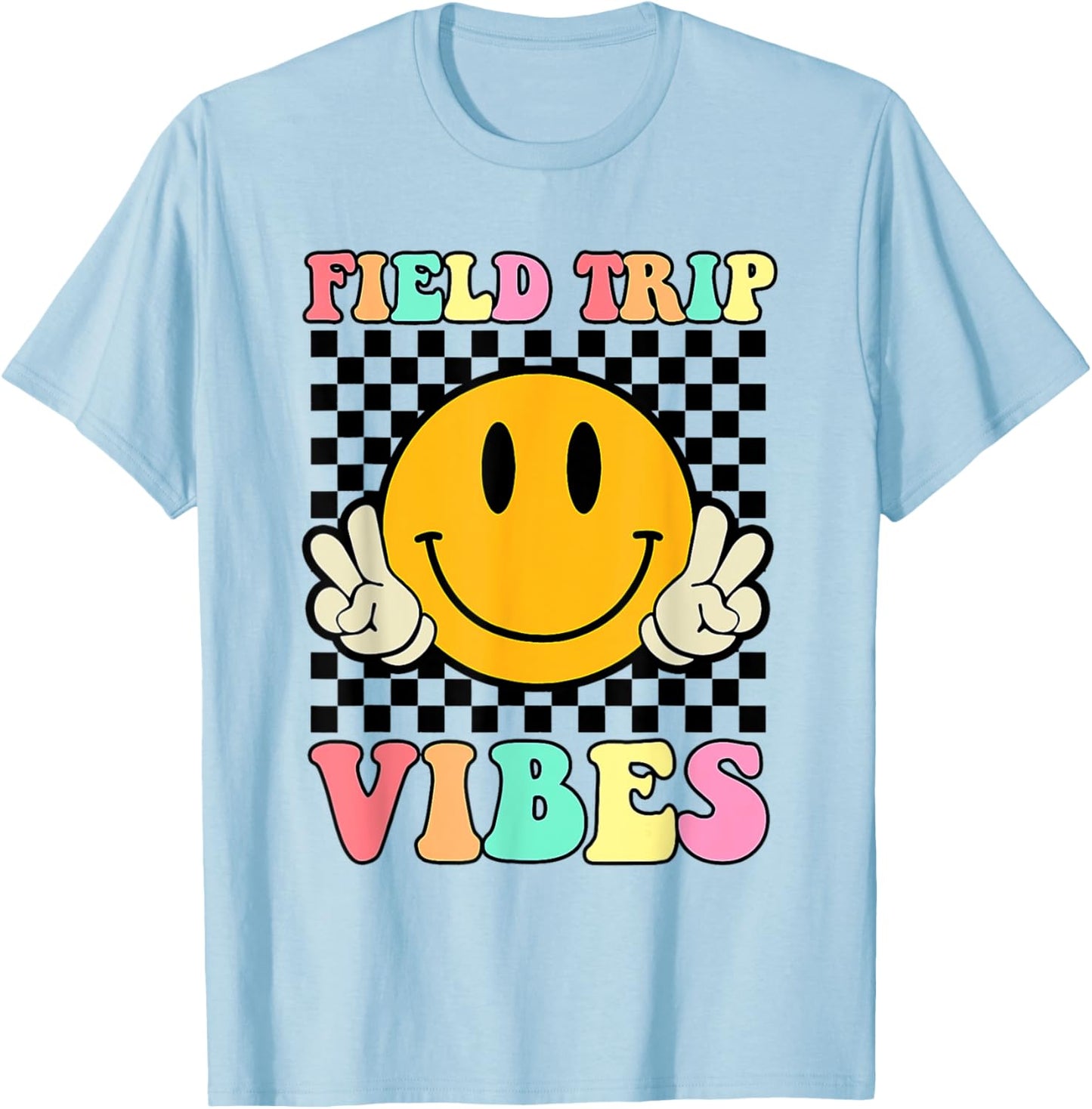 Field Trip Vibes Face Smile Retro Groovy Field Day 2024 T-Shirt - T-Shirt | Light Blue