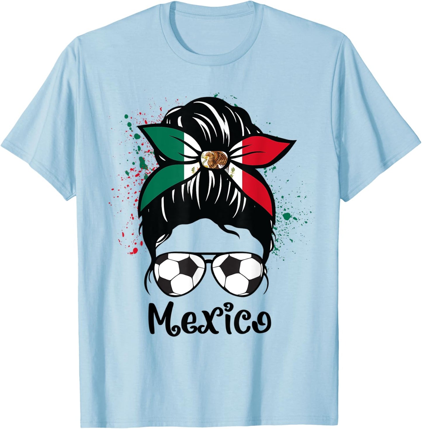 Mexico Soccer Mexican Flag Soccer Ball Messy Bun T-Shirt - T-Shirt | Light Blue