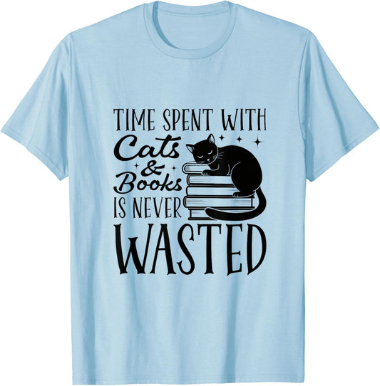 Time Spent With Cats And Books Is Never Wasted T-Shirt - T-Shirt | Light Blue