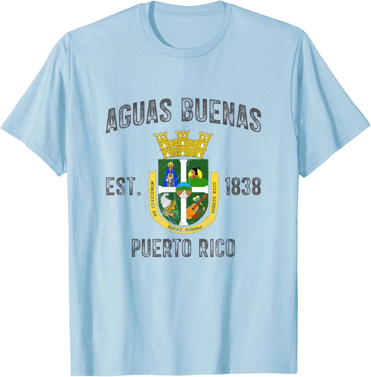Vintage Aguas Buenas EST.1838 Puerto Rico Flag Design T-Shirt - T-Shirt | Light Blue