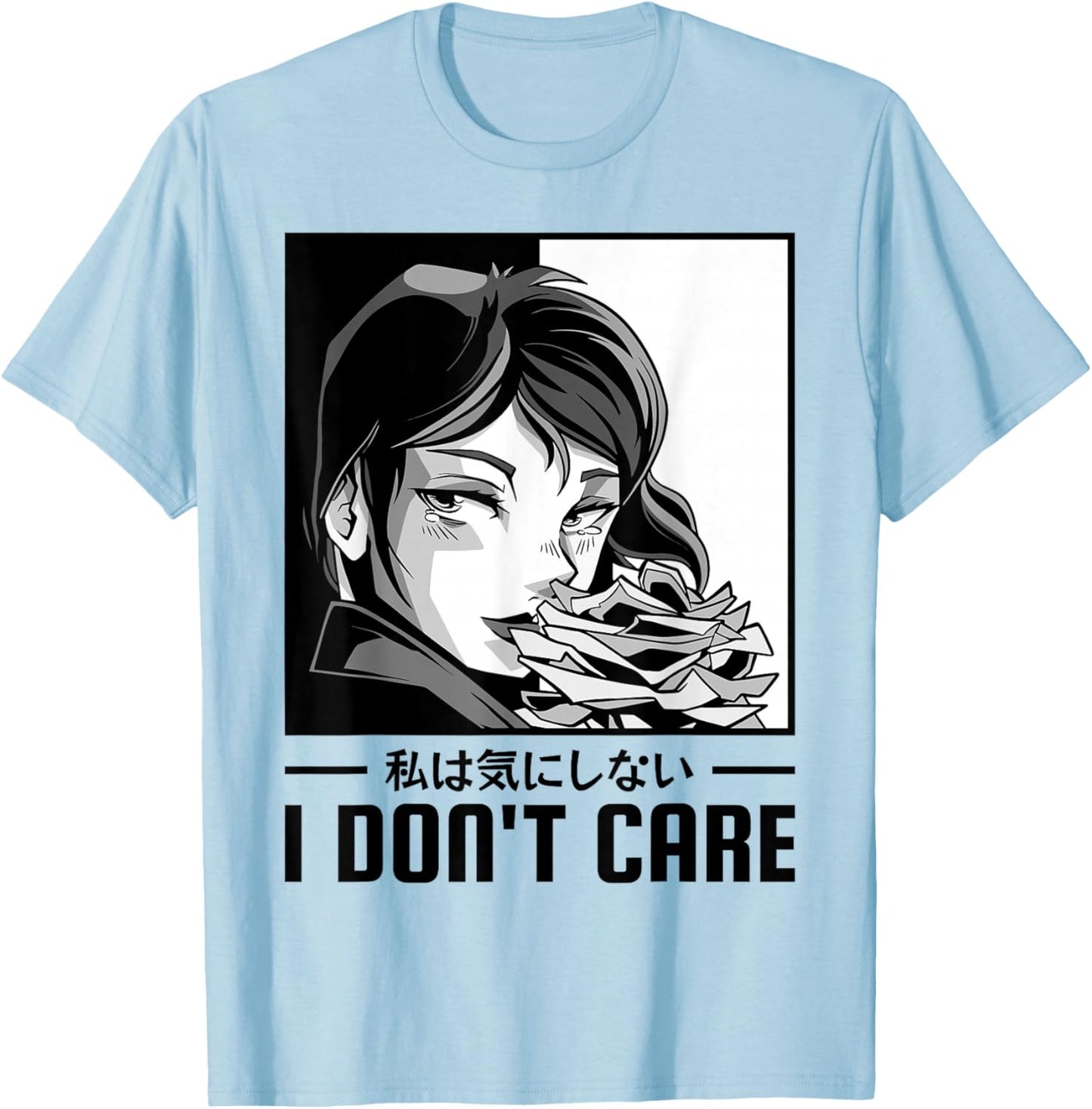 I Don't Care Anime Girl, Aesthetic Soft Grunge T-Shirt - T-Shirt | Light Blue