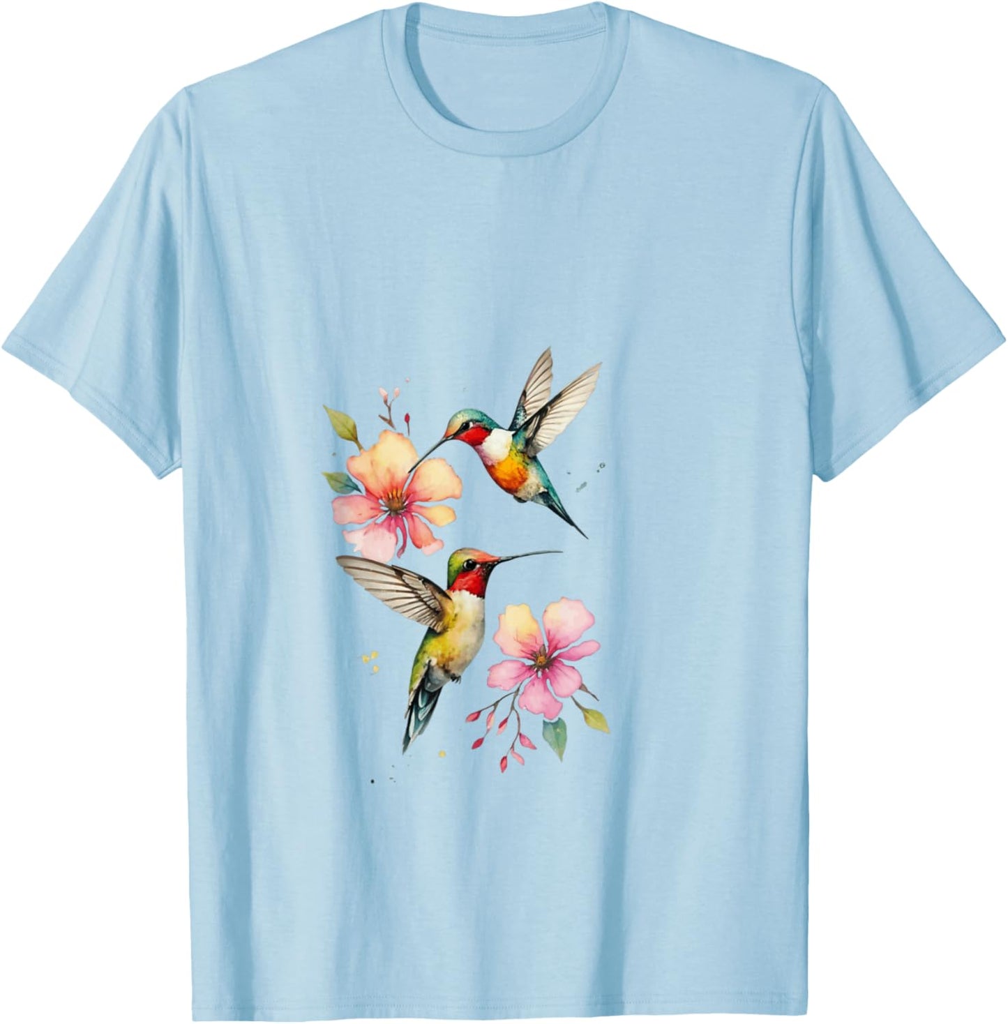 Vibrant Hummingbirds and Floral Watercolor Artwork T-Shirt - T-Shirt | Light Blue