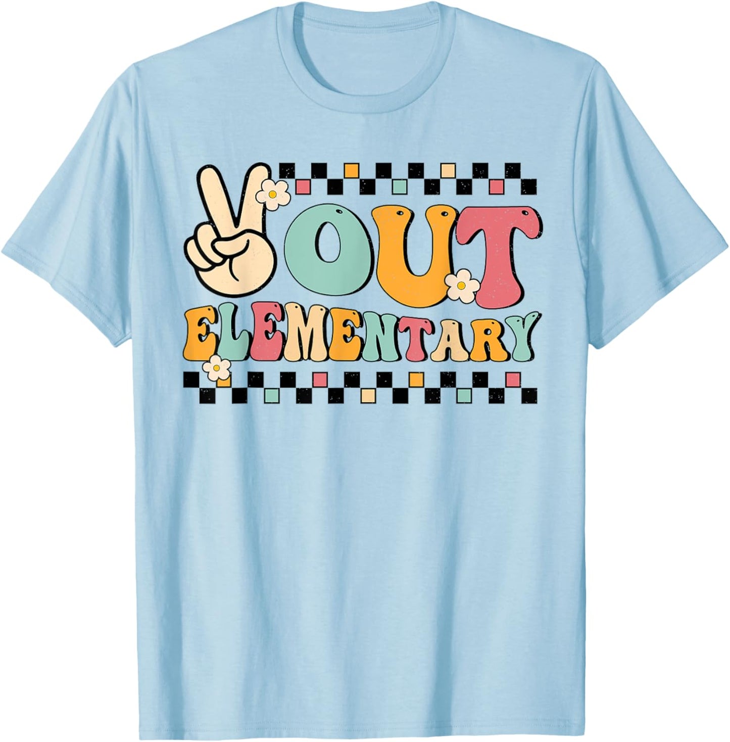 Groovy Last Day Of School Peace Out Elementary Teacher Kids T-Shirt - T-Shirt | Light Blue