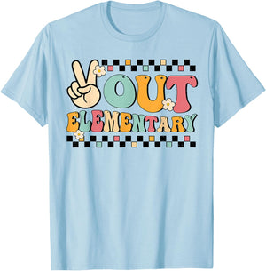 Groovy Last Day Of School Peace Out Elementary Teacher Kids T-Shirt - T-Shirt | Light Blue