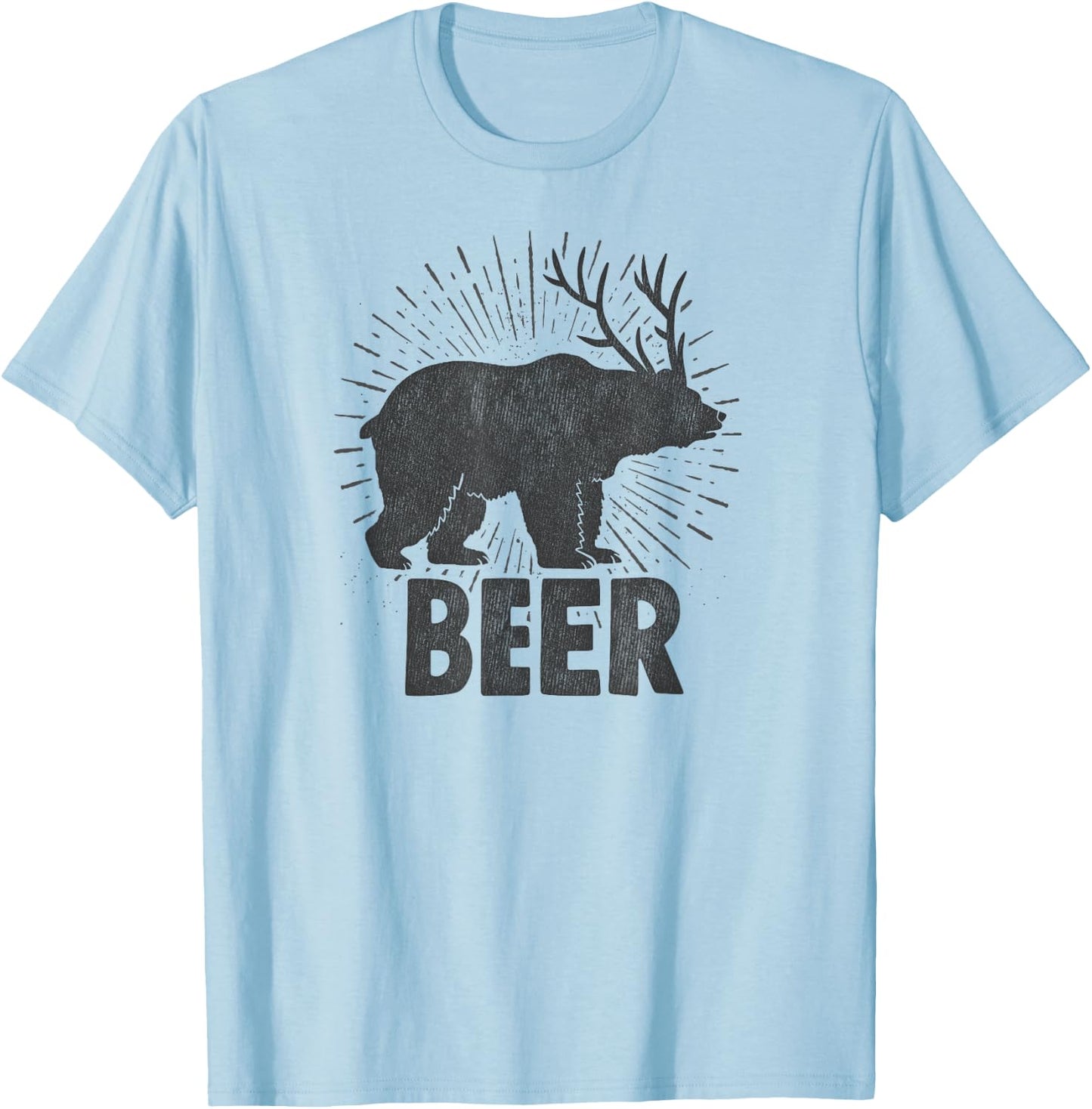 Funny Beer Drinking Design Bear, Deer Combination Distressed T-Shirt - T-Shirt | Light Blue