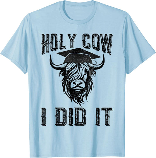Vintage Funny Cow Graduation Holy Cow I did It Graduated T-Shirt - T-Shirt | Light Blue