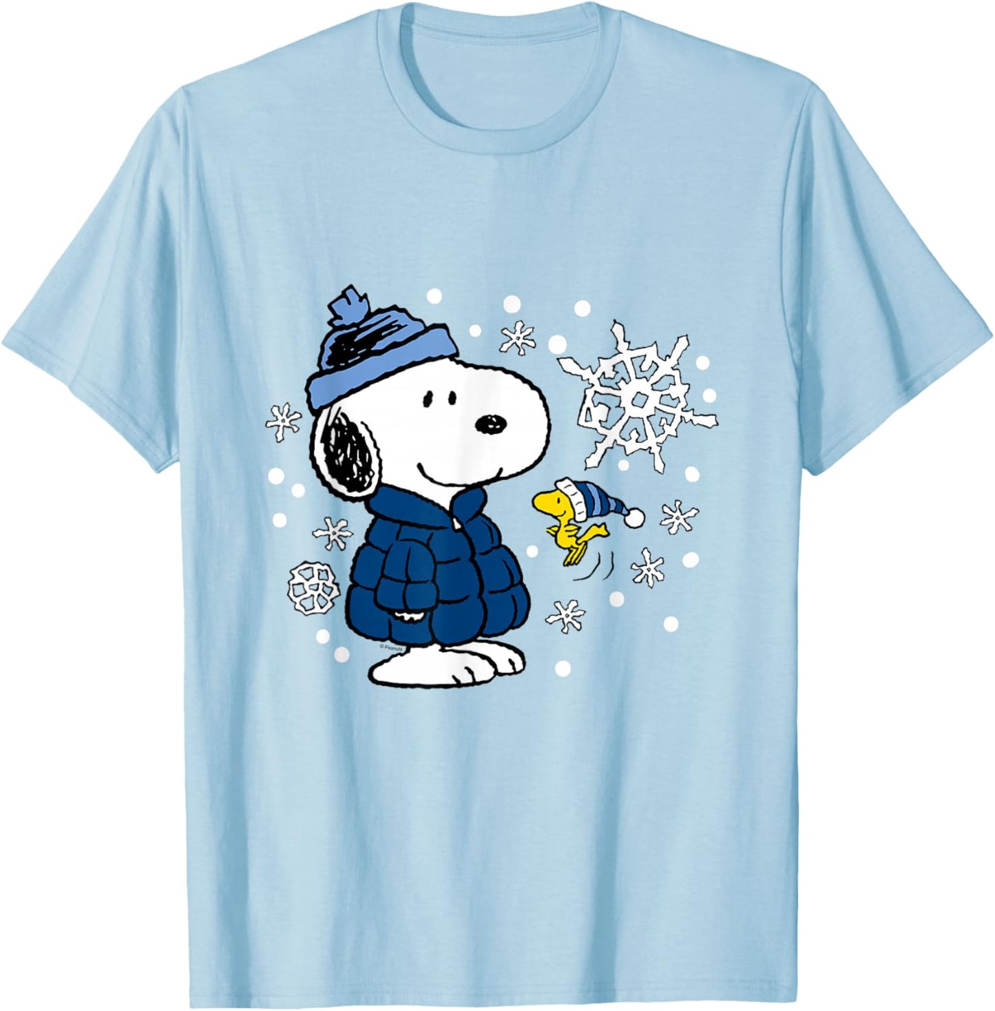 Peanuts - Snoopy Woodstock Cozy Winter Snowflakes T-Shirt - T-Shirt | Light Blue