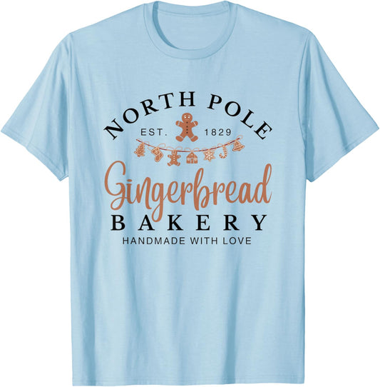 Vintage Retro North Pole Gingerbread Bakery Youth Kids Women T-Shirt - T-Shirt | Light Blue