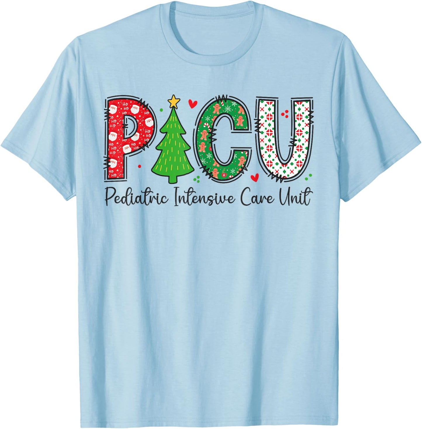 Christmas PICU Nurse - Xmas Pediatric ICU Nurse Appreciation T-Shirt - T-Shirt | Light Blue