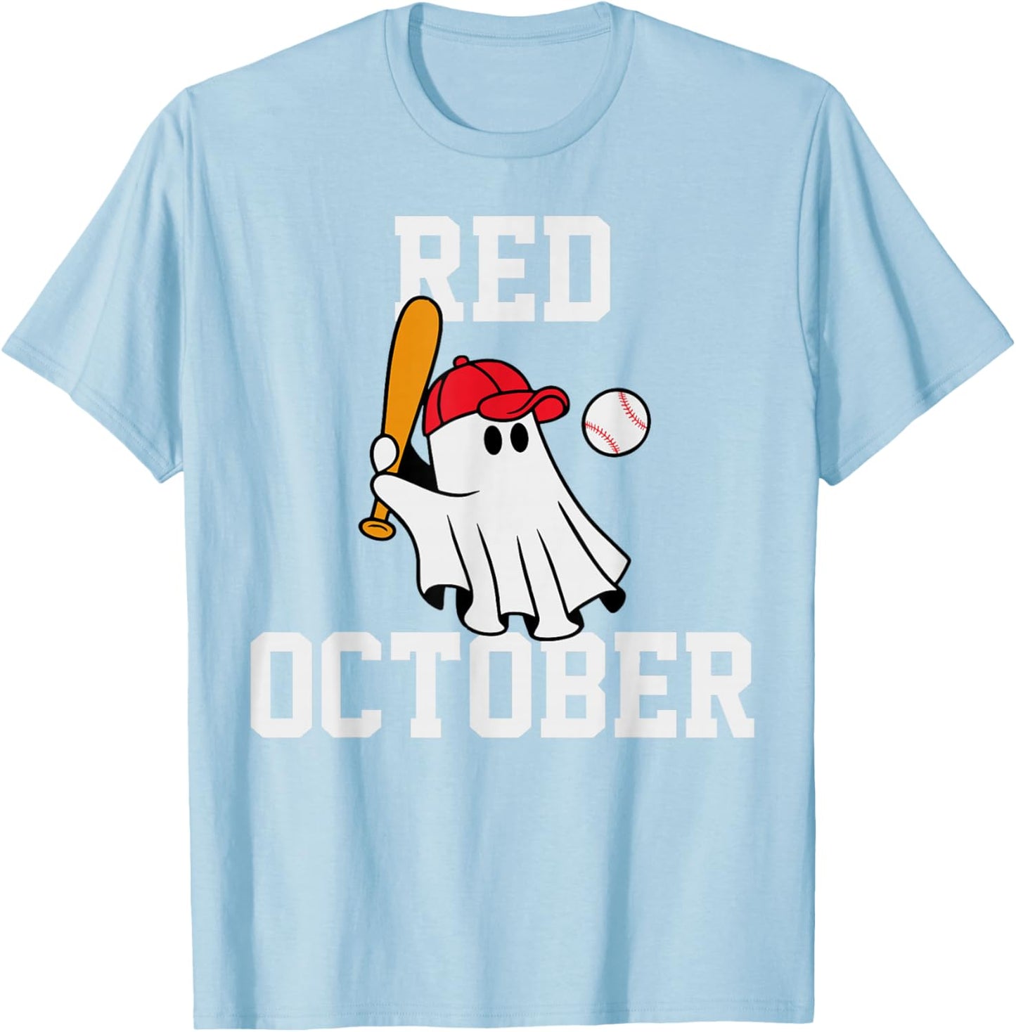 Funny Red October Halloween Ghost Playing Baseball Women Men T-Shirt - T-Shirt | Light Blue