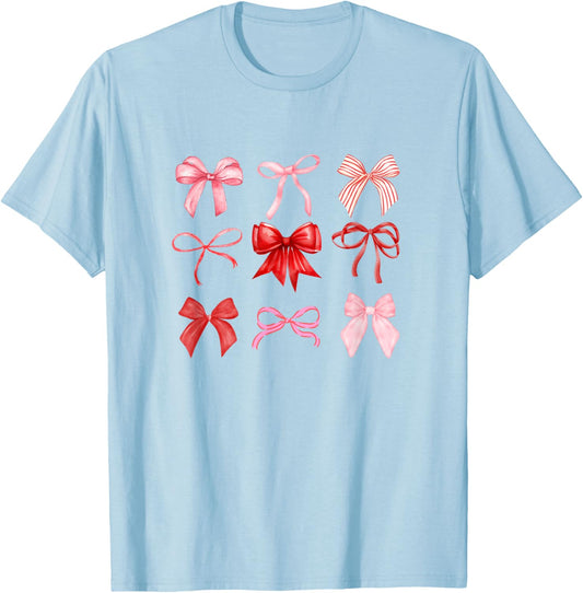 Coquette Aesthetic Red and Pink Bow Valentines T-Shirt - T-Shirt | Light Blue