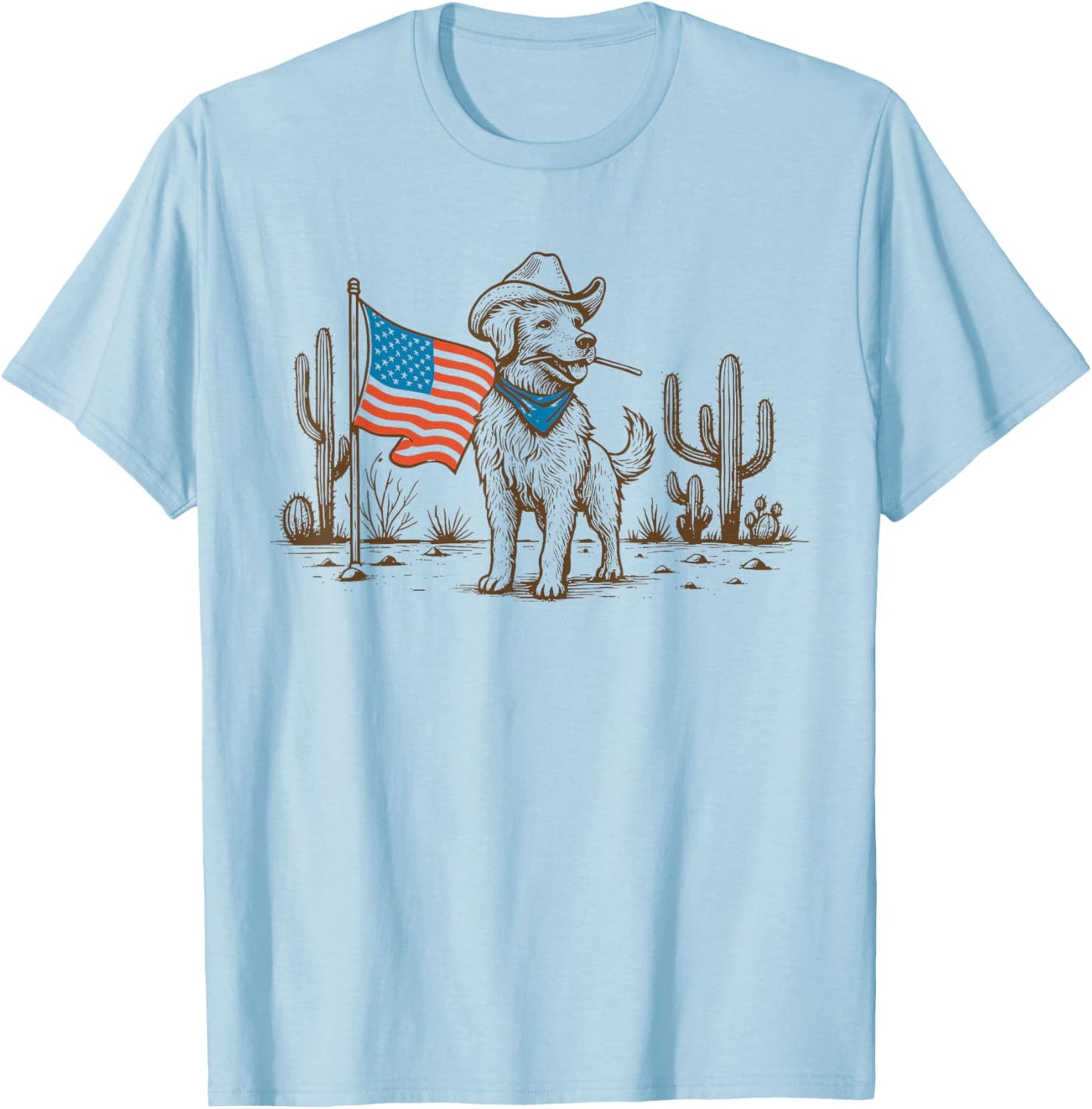Retro Western Patriotic Cowboy Dog American Flag 4th of July T-Shirt - T-Shirt | Light Blue