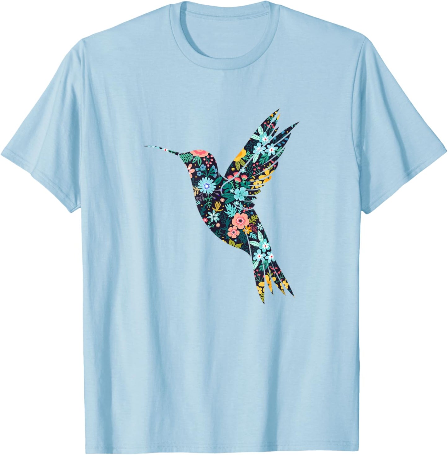 Floral Hummingbird Silhouette Girls Graphic T-Shirt - T-Shirt | Light Blue