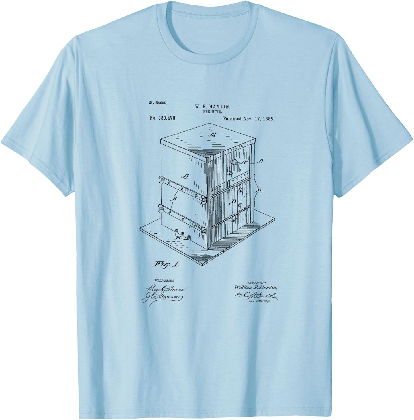 Vintage Patent Print 1885 Bee Hive Beekeeper Gift T-Shirt - T-Shirt | Light Blue