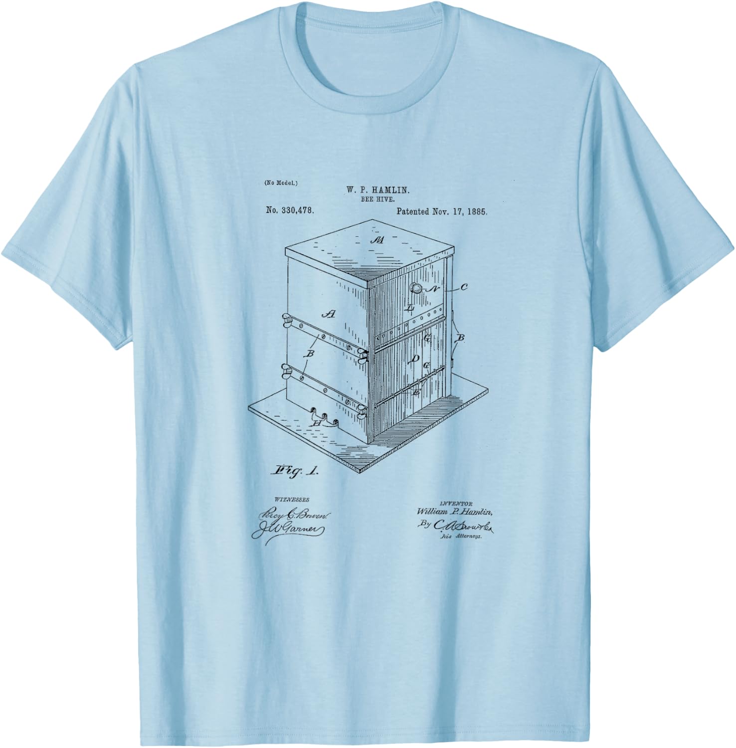 Vintage Patent Print 1885 Bee Hive Beekeeper Gift T-Shirt - T-Shirt | Light Blue