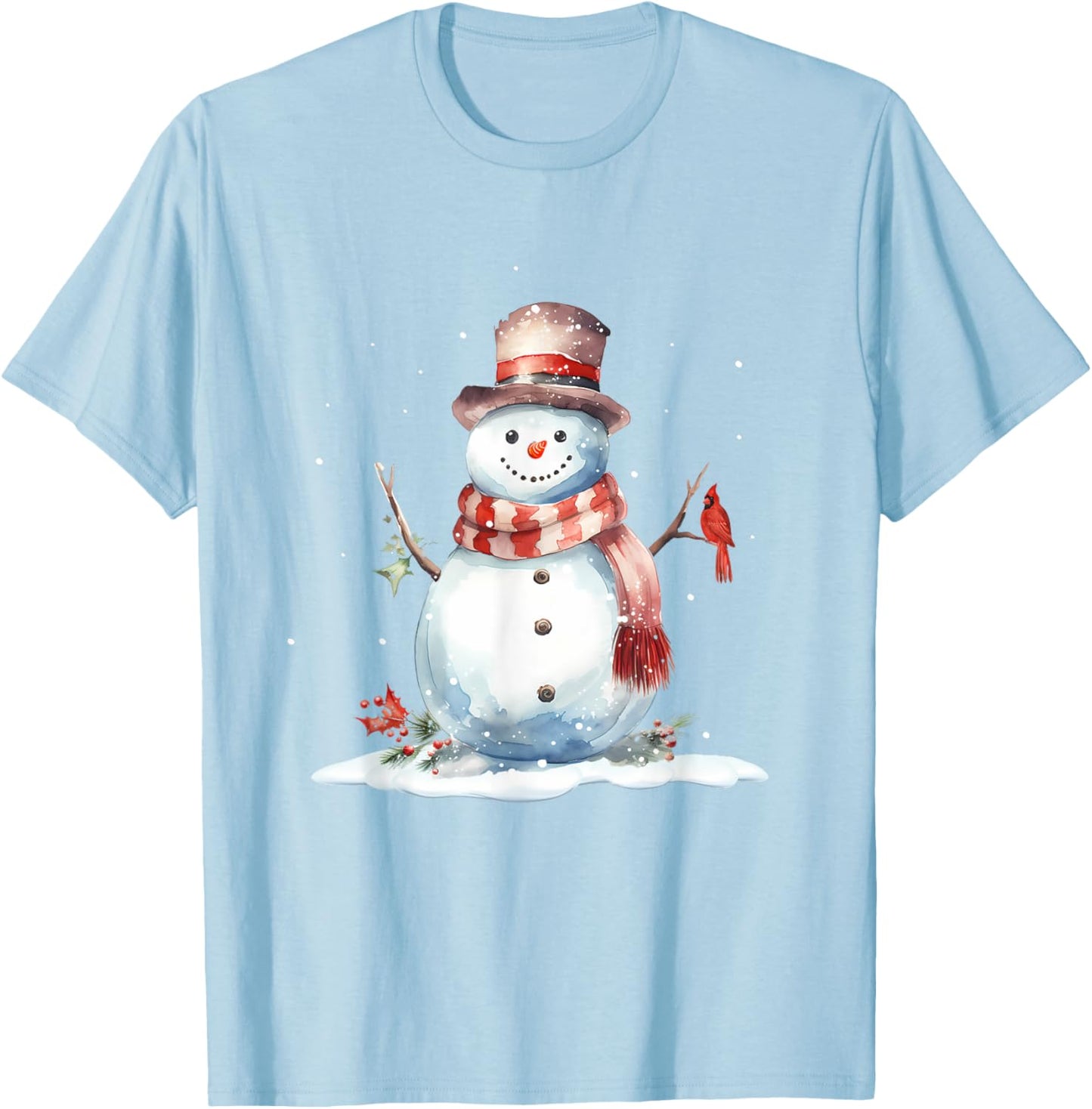 Cardinal Bird on Cute Winter Christmas Snowman, watercolor T-Shirt - T-Shirt | Light Blue