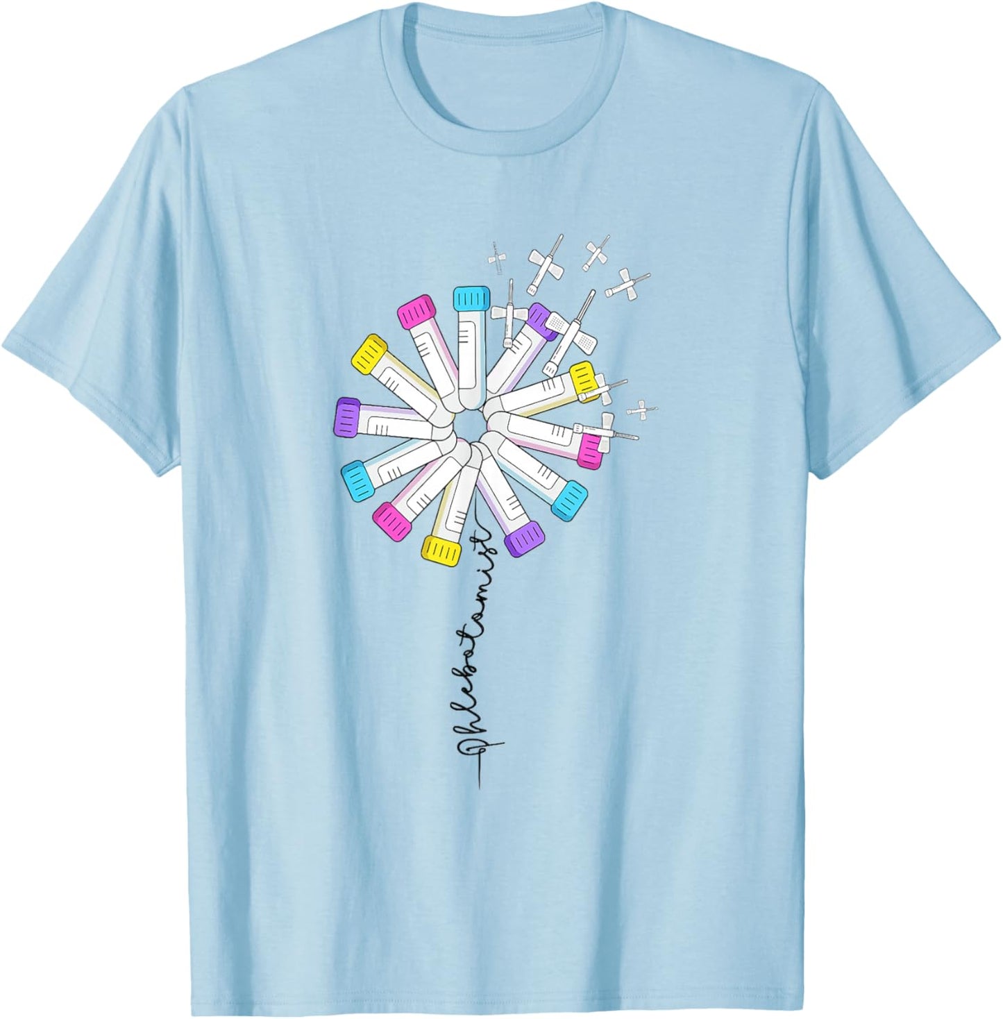 Phlebotomist Nurse Dandelion Butterflies Needle Rainbow T-Shirt - T-Shirt | Light Blue
